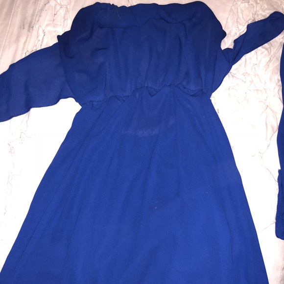 Strapless Blue Dress with White Lace Trim - Picture 2 of 4